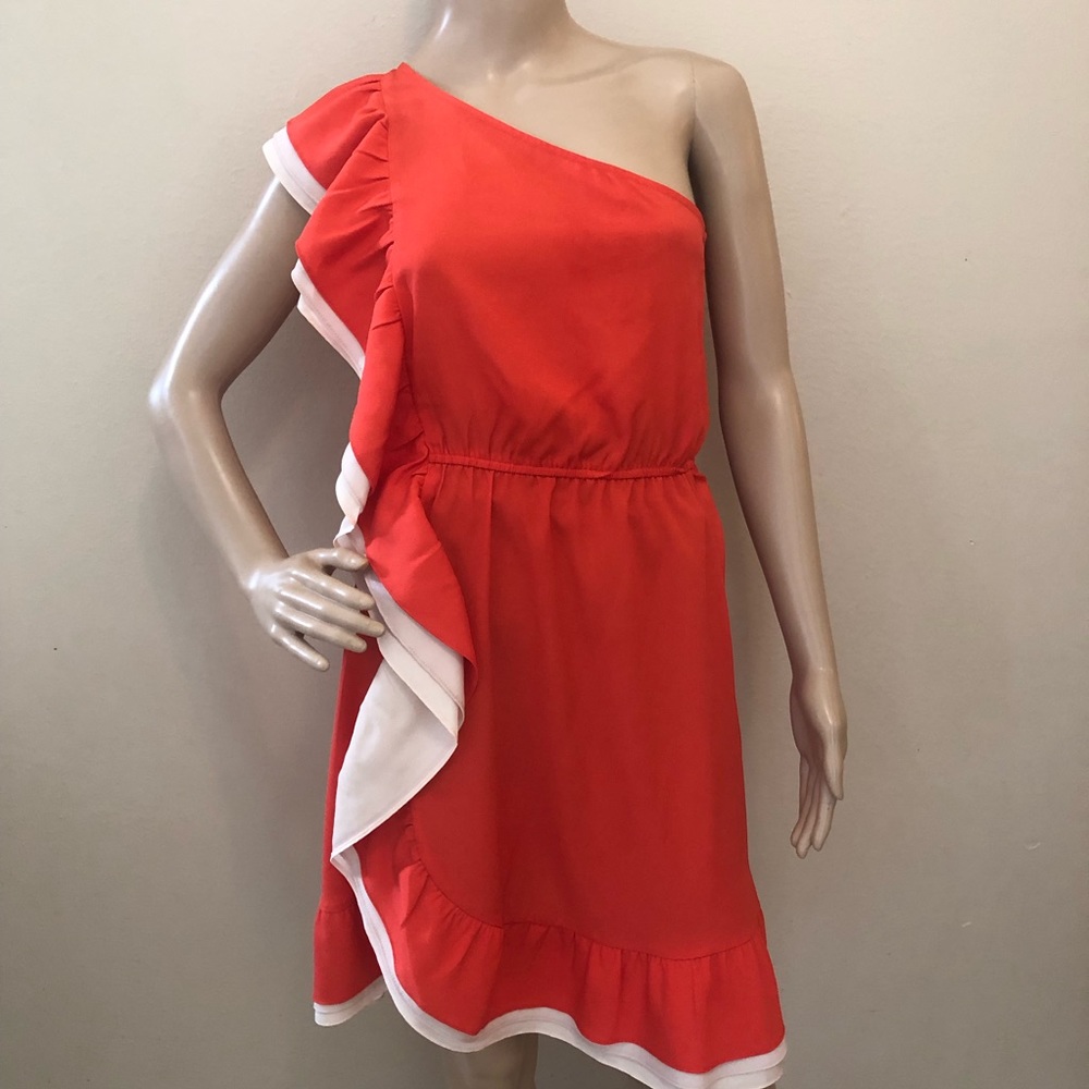 Chelsea & Violet Orange One Shoulder Ruffle Crepe Mini Dress Size S